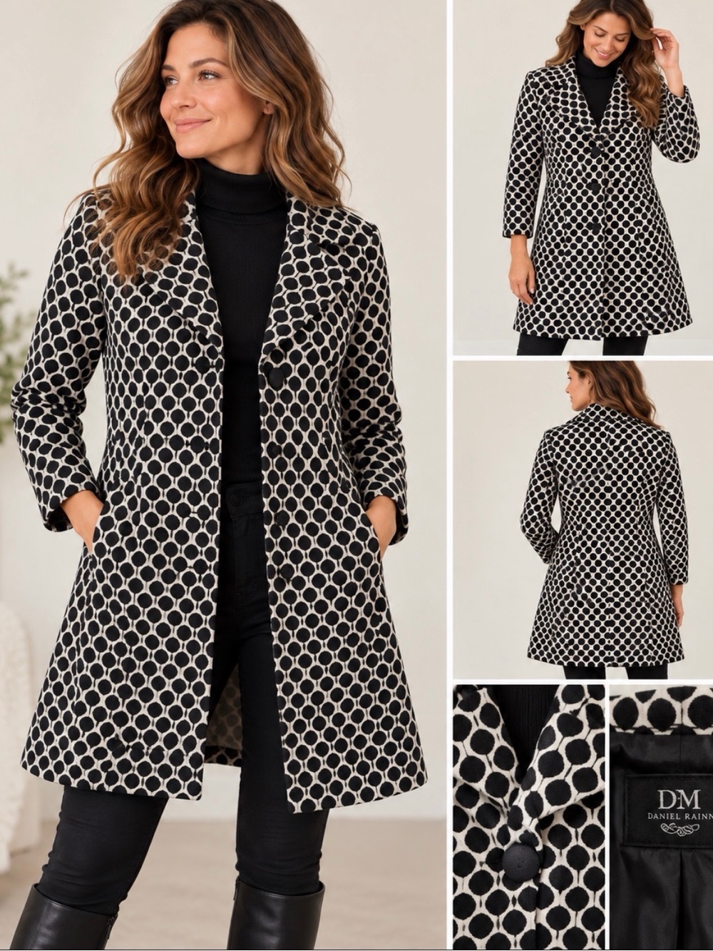DM New York Black & White Polka Dot A-Line Coat – Size sm